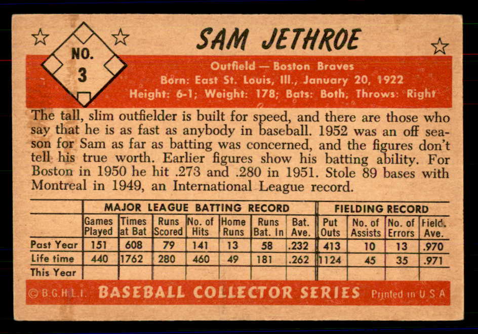 1953 Bowman Color Baseball #003 Sam Jethroe Braves EX 558876