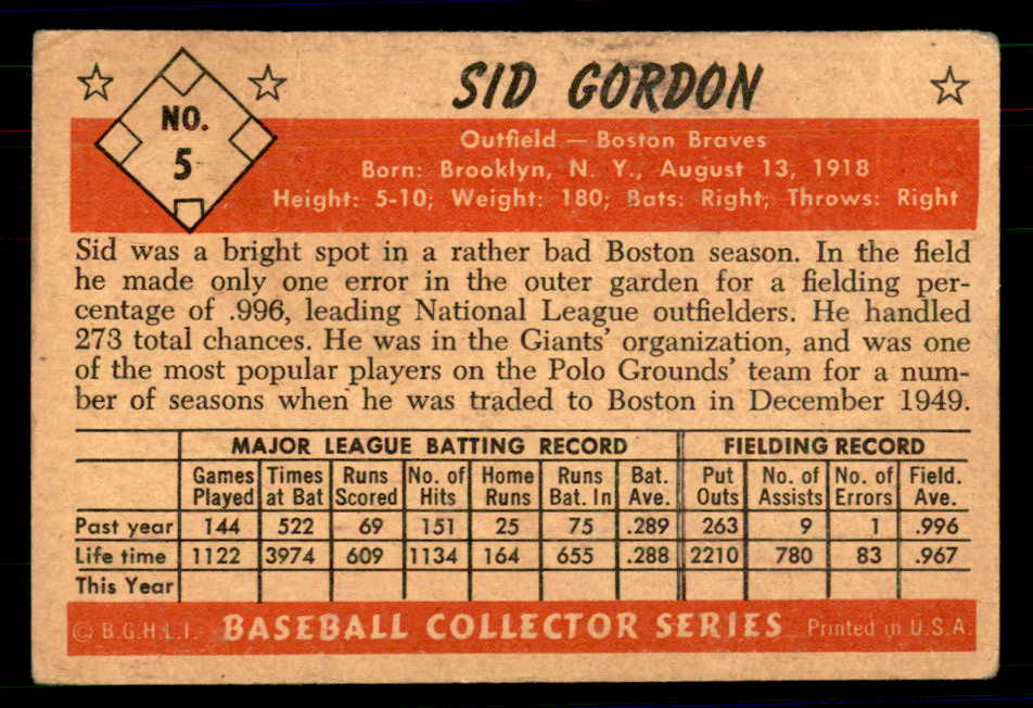 1953 Bowman Color Baseball #005 Sid Gordon Braves VG 558878