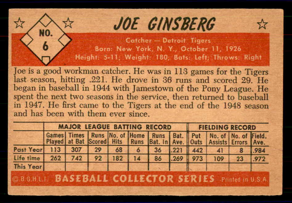 1953 Bowman Color Baseball #006 Joe Ginsberg Tigers EX 558880