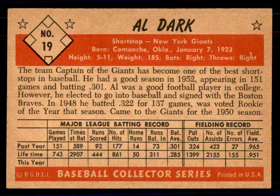 1953 Bowman Color Baseball #019 Al Dark Giants NR-MT 558888