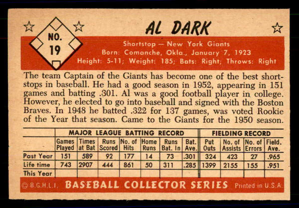 1953 Bowman Color Baseball #019 Al Dark Giants NR-MT 558889