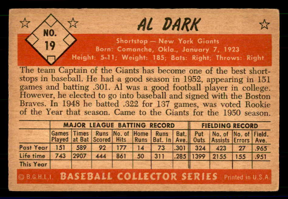 1953 Bowman Color Baseball #019 Al Dark Giants EX 558891
