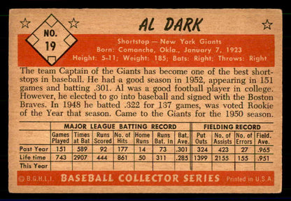 1953 Bowman Color Baseball #019 Al Dark Giants EX 558891