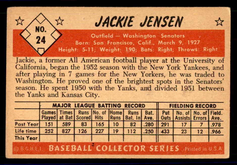 1953 Bowman Color Baseball #024 Jackie Jensen Senators VG 558894