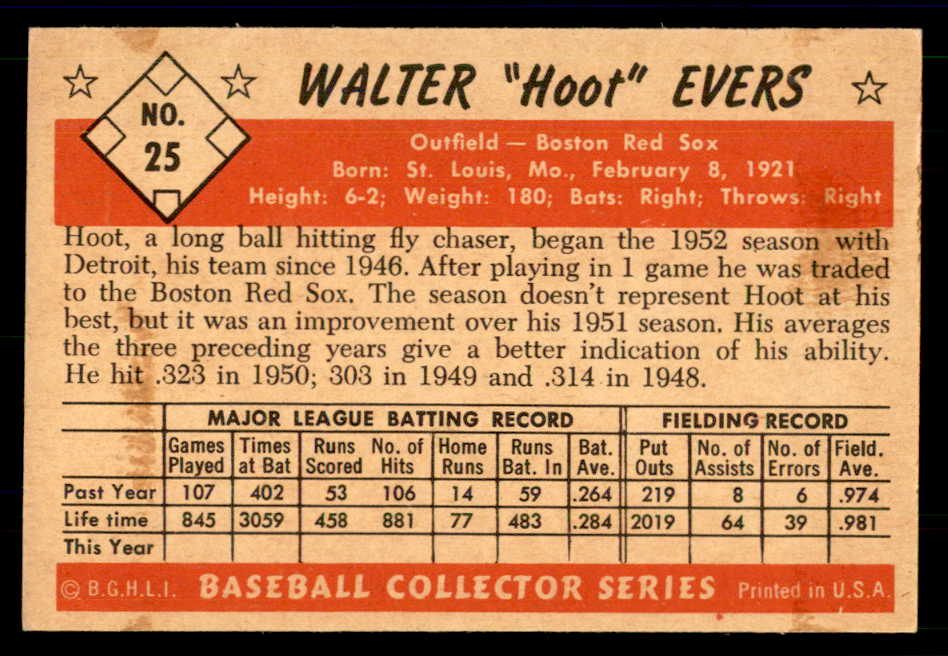 1953 Bowman Color Baseball #025 Hoot Evers Red Sox EX-MT 558895