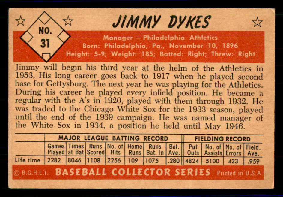 1953 Bowman Color Baseball #031 Jimmie Dykes A's VG-EX 558902