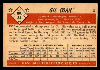 1953 Bowman Color Baseball #034 Gil Coan Senators VG-EX 558903