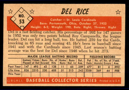 1953 Bowman Color Baseball #053 Del Rice Cardinals EX 558916
