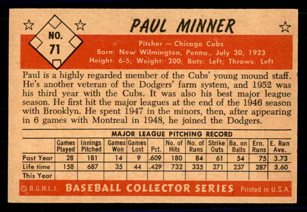 1953 Bowman Color Baseball #071 Paul Minner Cubs EX-MT 558929
