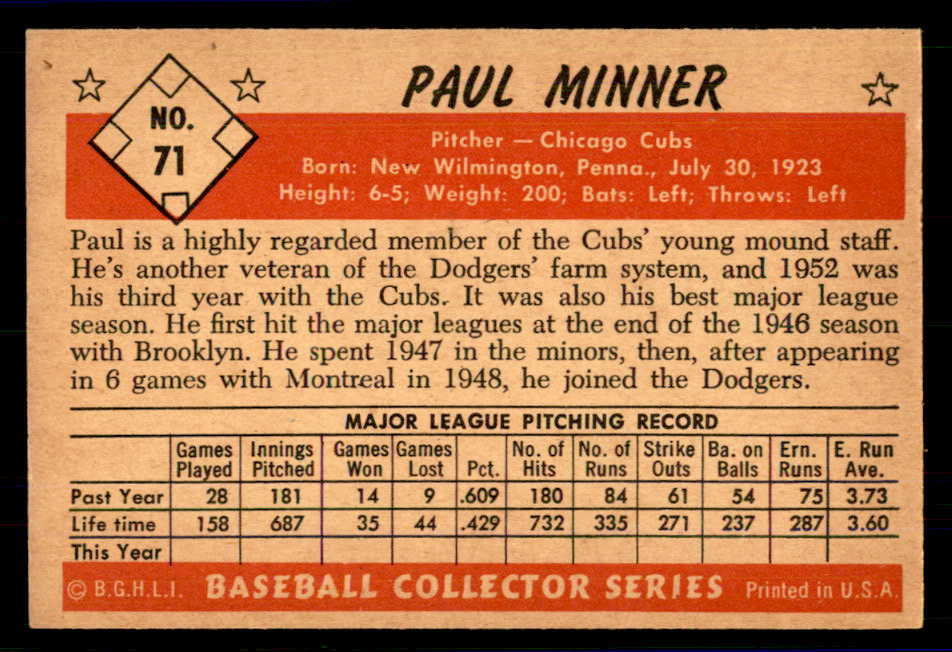 1953 Bowman Color Baseball #071 Paul Minner Cubs EX 558930
