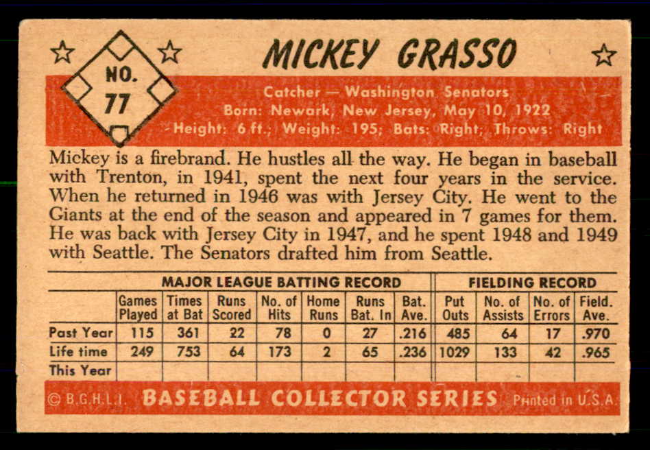 1953 Bowman Color Baseball #077 Mickey Grasso Senators VG-EX 558940