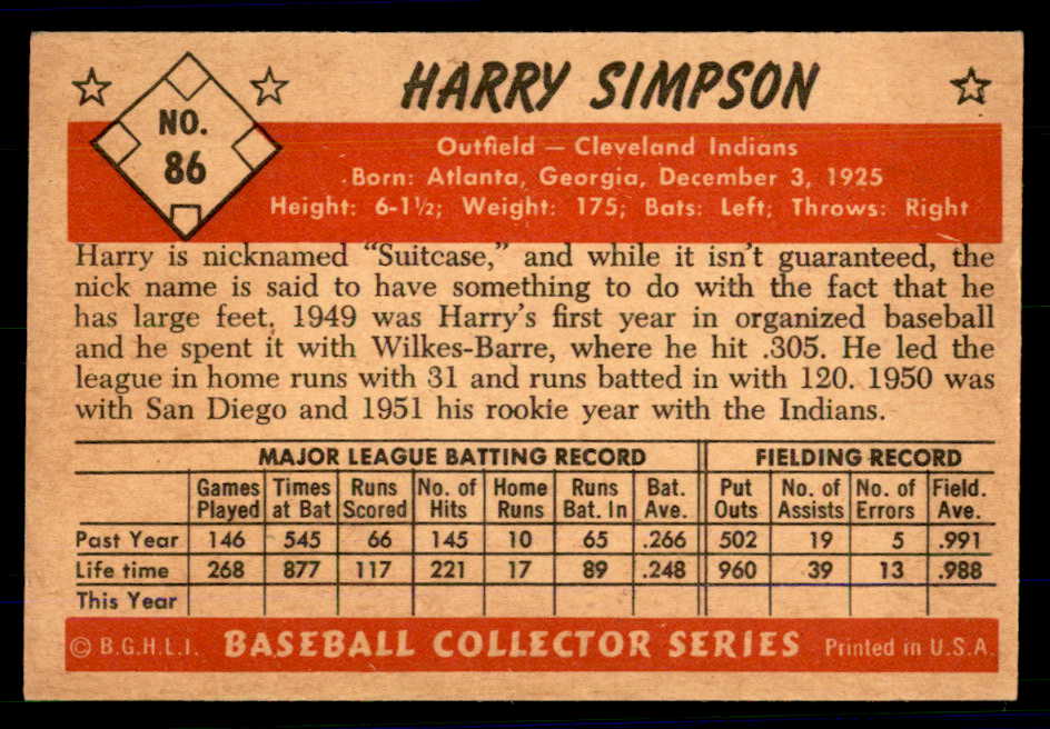 1953 Bowman Color Baseball #086 Harry Simpson Indians EX-MT 558948