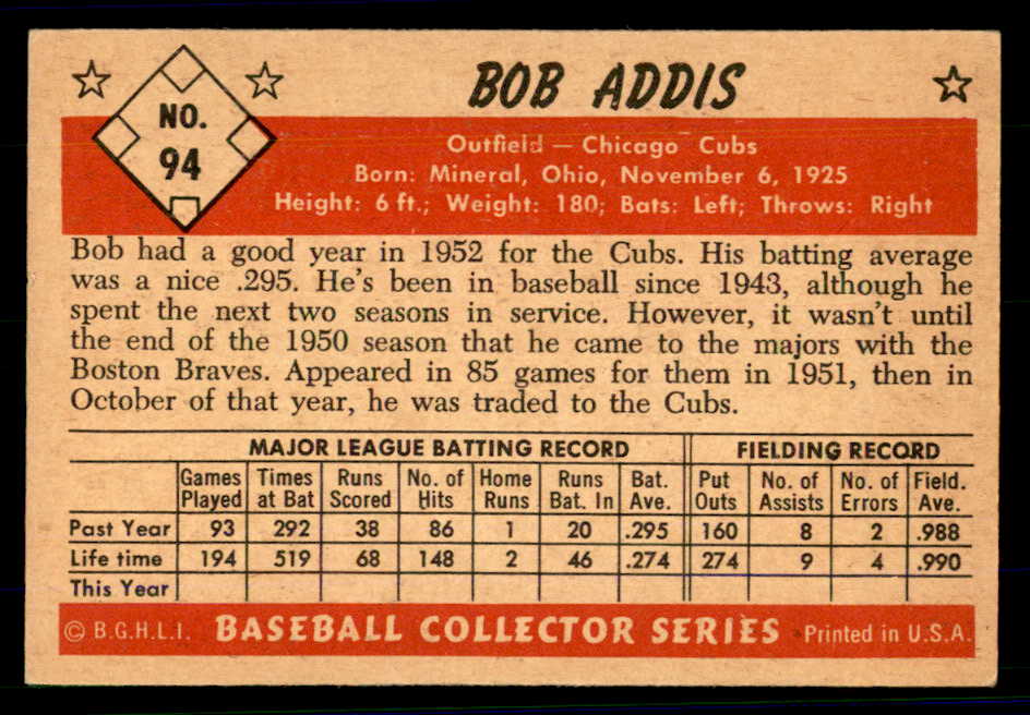 1953 Bowman Color Baseball #094 Bob Addis Cubs EX-MT 558955