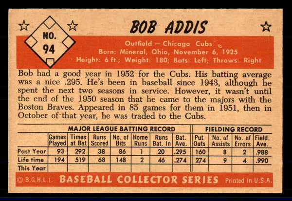 1953 Bowman Color Baseball #094 Bob Addis Cubs EX-MT 558956