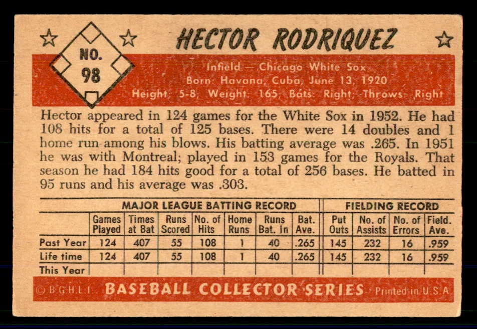 1953 Bowman Color Baseball #098 Hector Rodriguez White Sox EX-MT 558960
