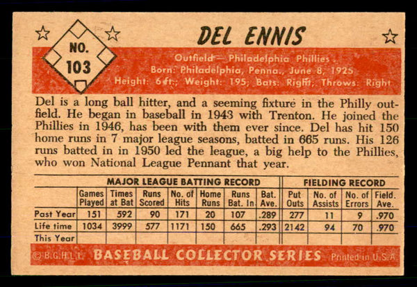 1953 Bowman Color Baseball #103 Del Ennis Phillies VG-EX 558963