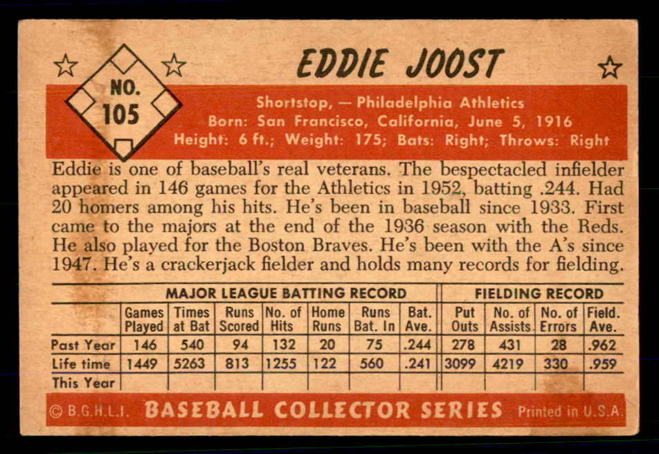 1953 Bowman Color Baseball #105 Eddie Joost A's EX 558964