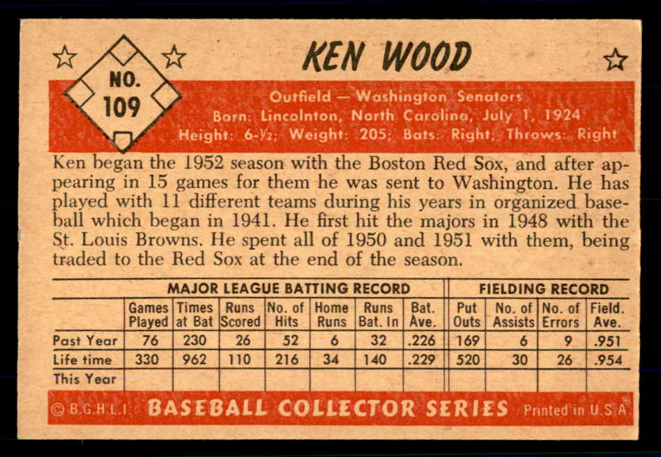 1953 Bowman Color Baseball #109 Ken Wood Senators VG-EX 558969