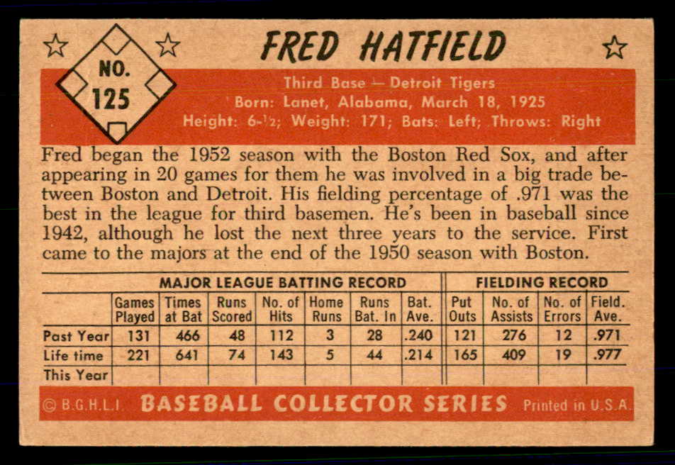 1953 Bowman Color Baseball #125 Fred Hatfield Tigers EX-MT 558981