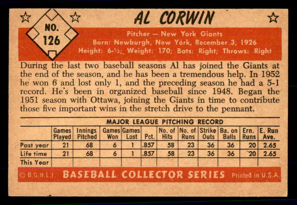 1953 Bowman Color Baseball #126 Al Corwin Giants EX 558983