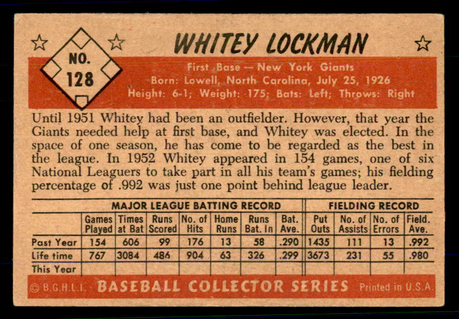 1953 Bowman Color Baseball #128 Whitey Lockman Giants EX+/EX-MT 558985
