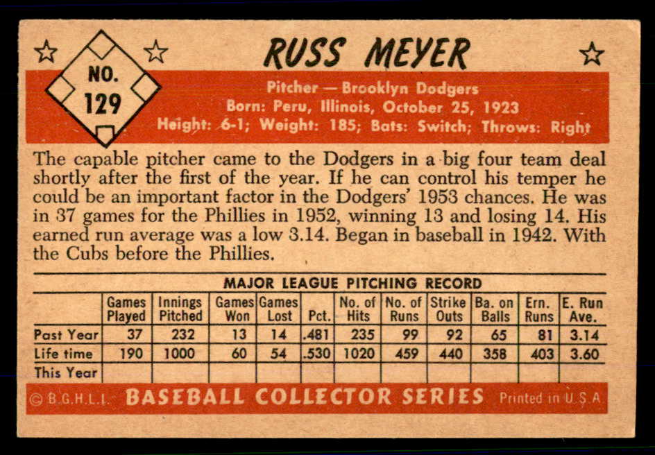 1953 Bowman Color Baseball #129 Russ Meyer Dodgers VG-EX 558987