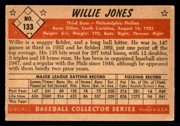 1953 Bowman Color Baseball #133 Willie Jones Phillies EX-MT 558993