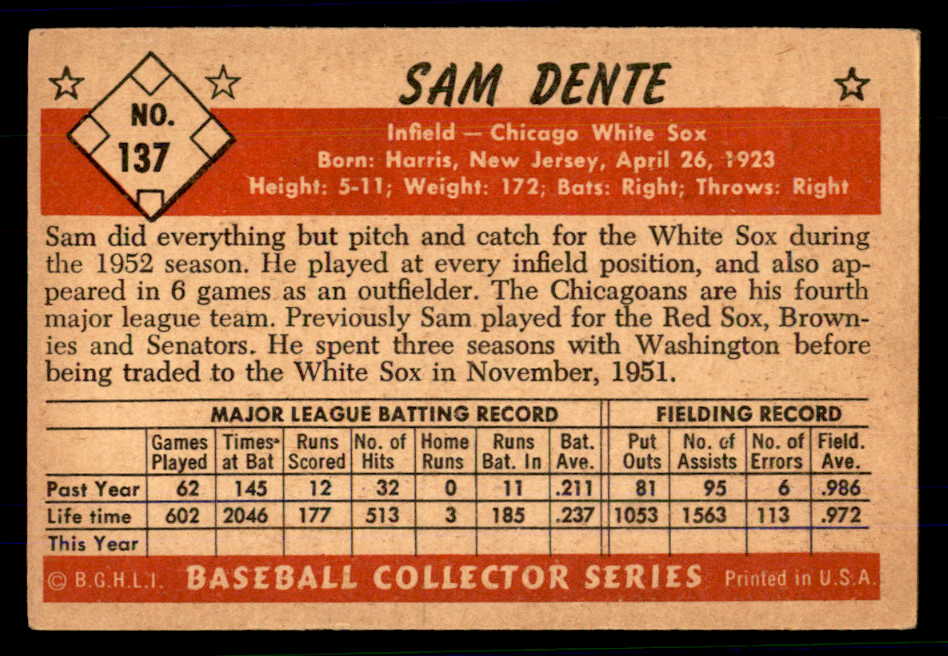 1953 Bowman Color Baseball #137 Sam Dente White Sox EX-MT 558995