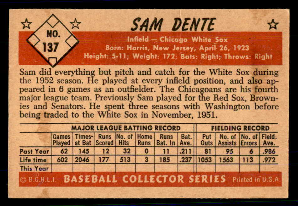 1953 Bowman Color Baseball #137 Sam Dente White Sox EX 558996