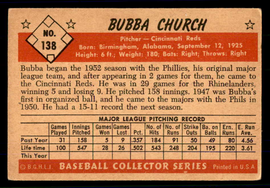 1953 Bowman Color Baseball #138 Bubba Church Reds VG-EX 558998