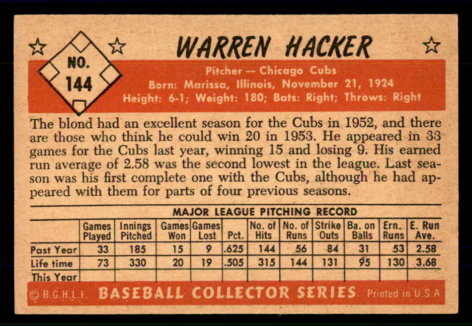 1953 Bowman Color Baseball #144 Warren Hacker Cubs EX-MT 559003