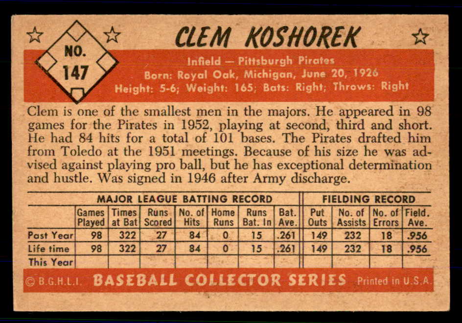 1953 Bowman Color Baseball #147 Clem Koshorek Pirates EX-MT 559005