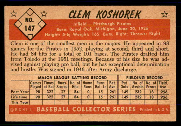 1953 Bowman Color Baseball #147 Clem Koshorek Pirates EX-MT 559005