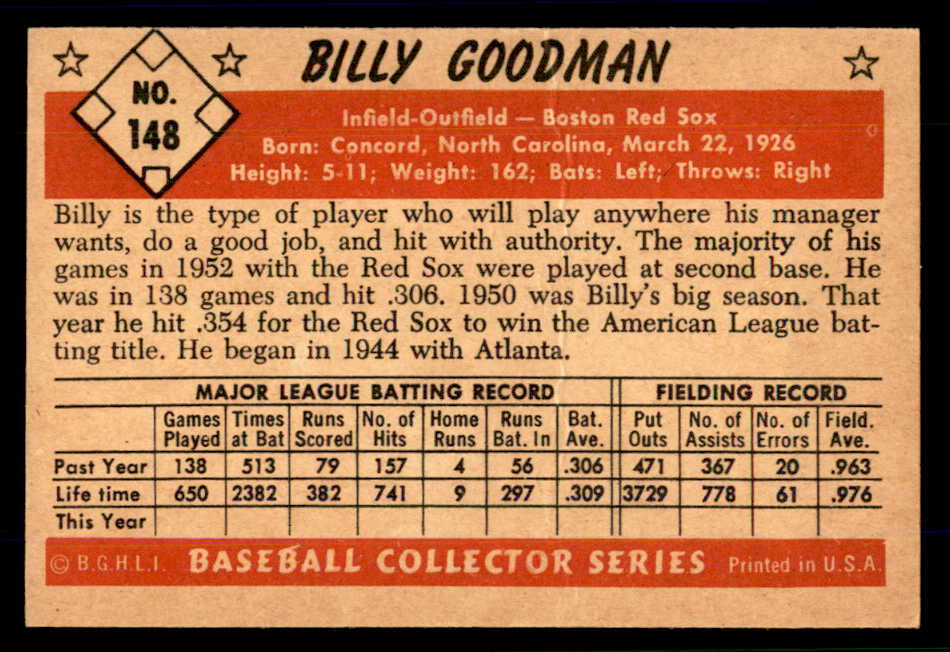 1953 Bowman Color Baseball #148 Billy Goodman Red Sox EX 559007