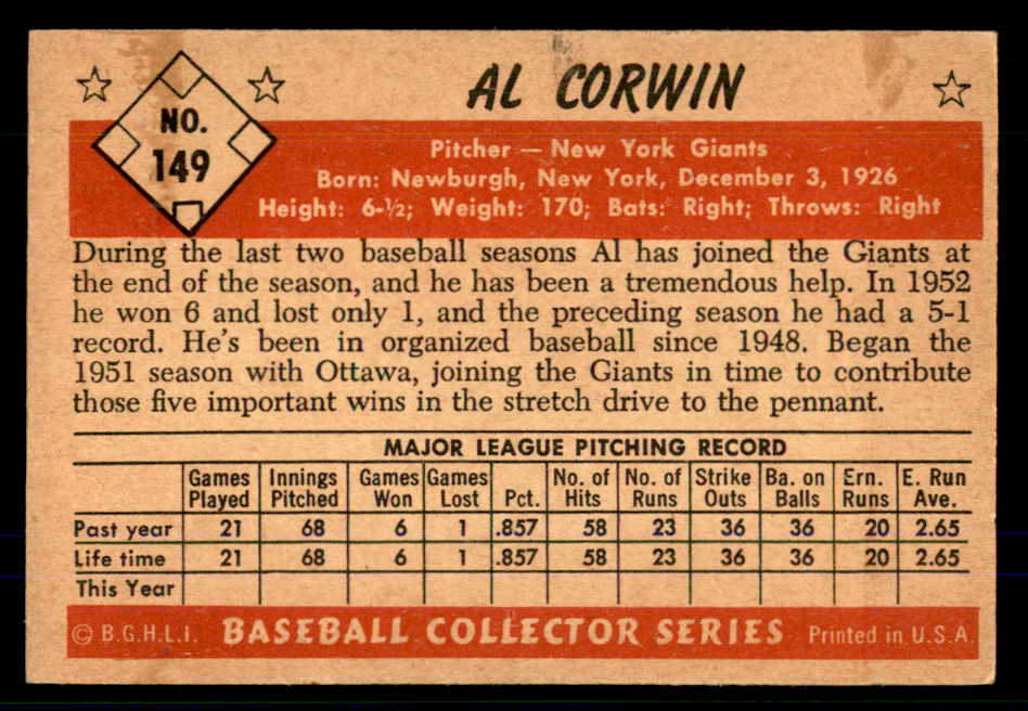 1953 Bowman Color Baseball #149 Al Corwin Giants VG-EX 559009