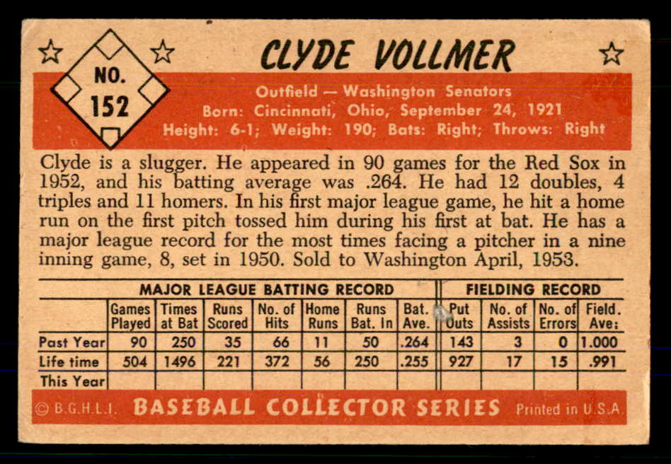 1953 Bowman Color Baseball #152 Clyde Vollmer Senators VG-EX 559014