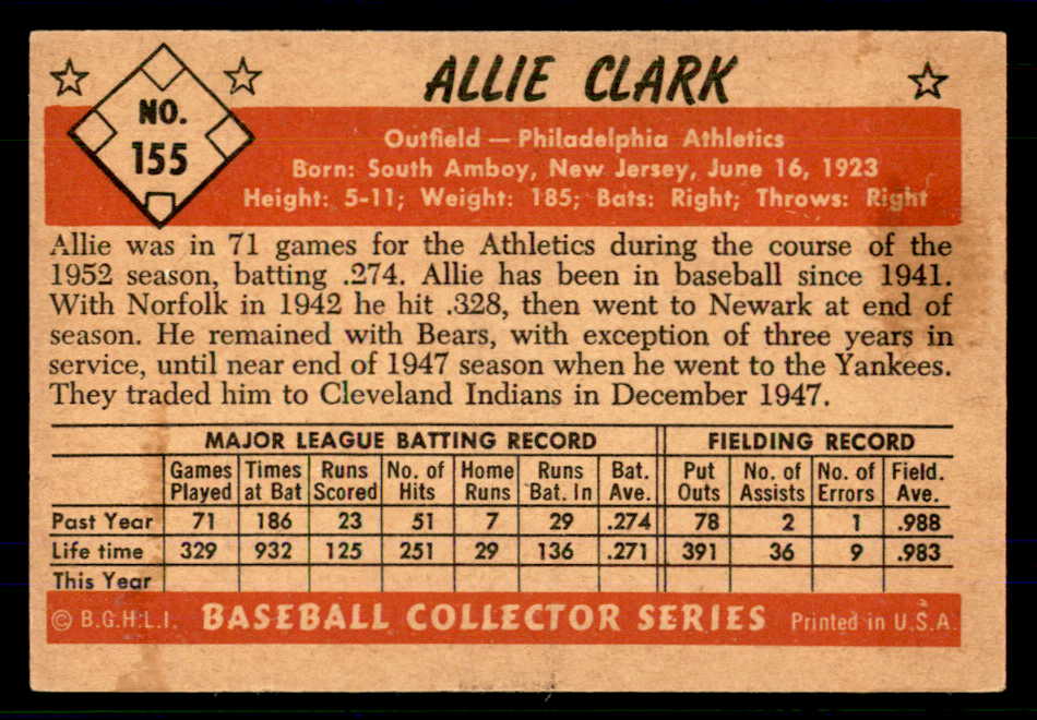 1953 Bowman Color Baseball #155 Allie Clark A's EX-MT 559017