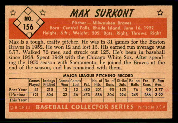 1953 Bowman Color Baseball #156 Max Surkont Braves VG-EX 559020
