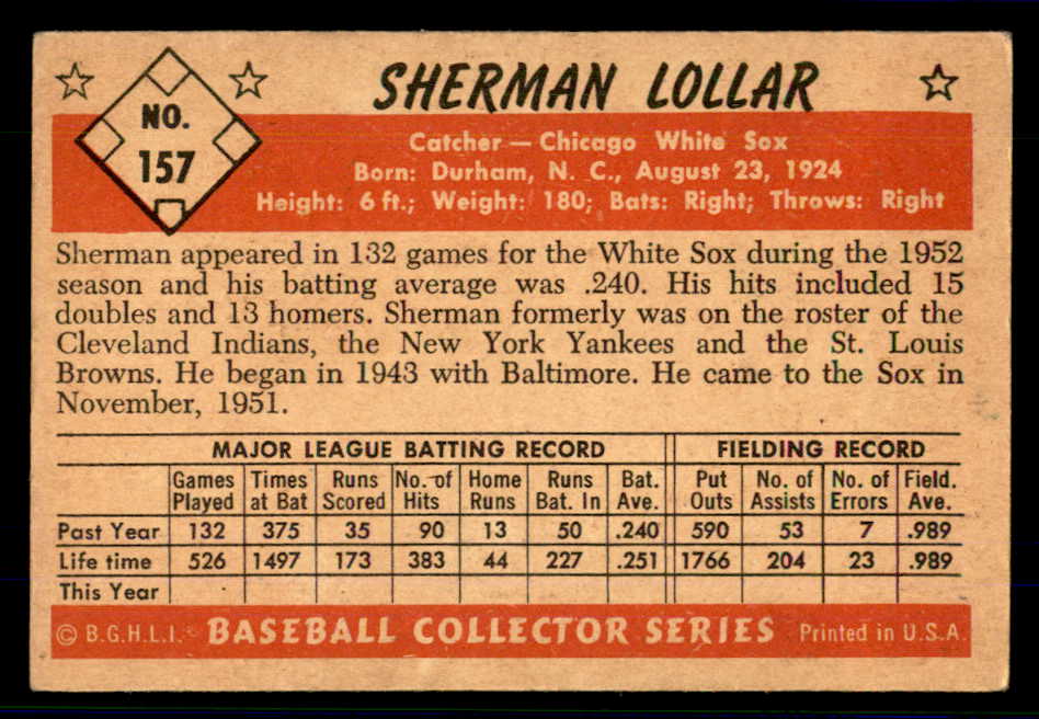 1953 Bowman Color Baseball #157 Sherm Lollar White Sox VG-EX 559021