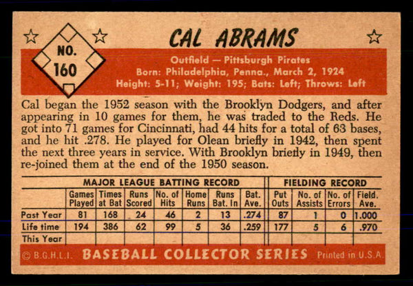 1953 Bowman Color Baseball #160 Cal Abrams Pirates EX 559026