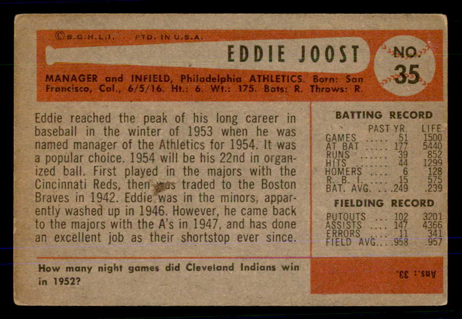 1954 Bowman Baseball #035 Eddie Joost A's VG-EX 559027