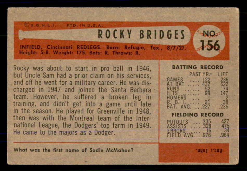 1954 Bowman Baseball #156 Rocky Bridges Reds VG-EX 559030