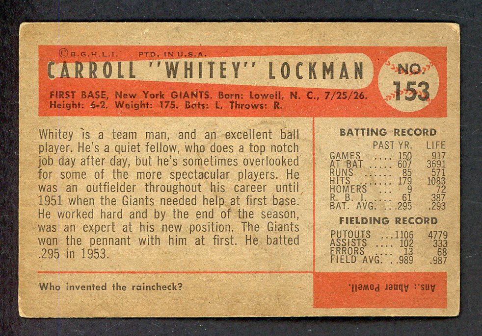 1954 Bowman Baseball #153 Whitey Lockman Giants VG-EX 559031