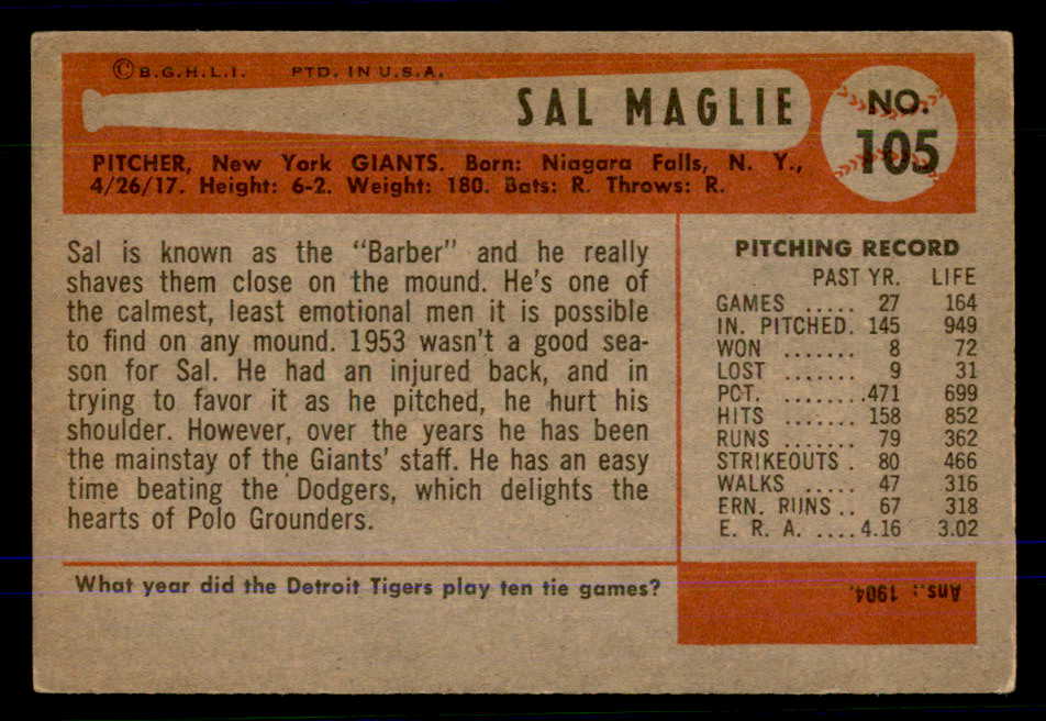 1954 Bowman Baseball #105 Sal Maglie Giants VG-EX 559033