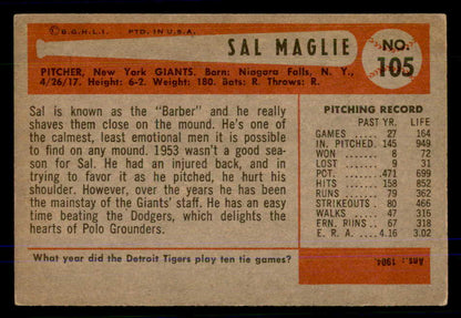 1954 Bowman Baseball #105 Sal Maglie Giants VG-EX 559033