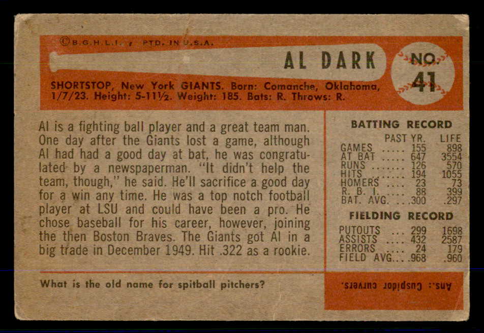 1954 Bowman Baseball #041 Al Dark Giants VG-EX 559036
