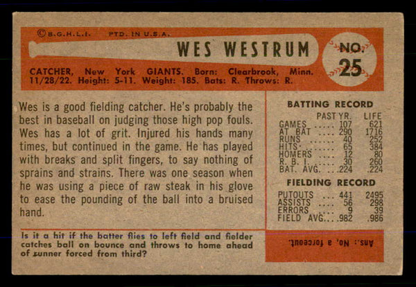1954 Bowman Baseball #025 Wes Westrum Giants VG-EX 559037