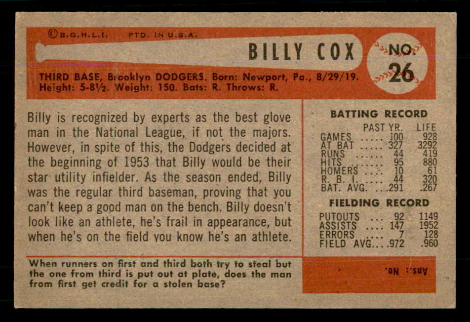 1954 Bowman Baseball #026 Billy Cox Dodgers EX-MT 559038