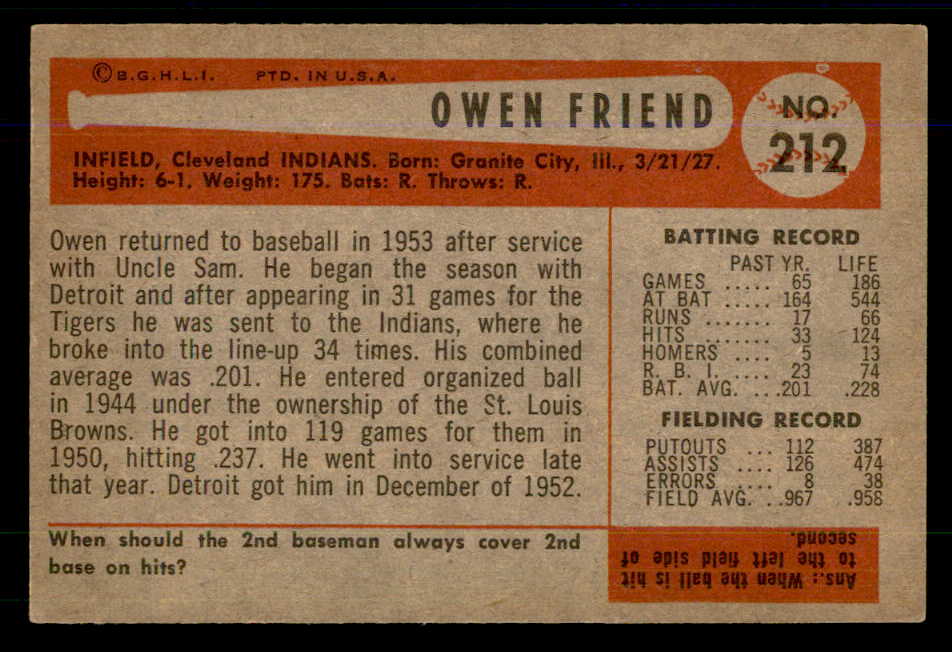 1954 Bowman Baseball #212 Owen Friend Indians EX-MT 559042