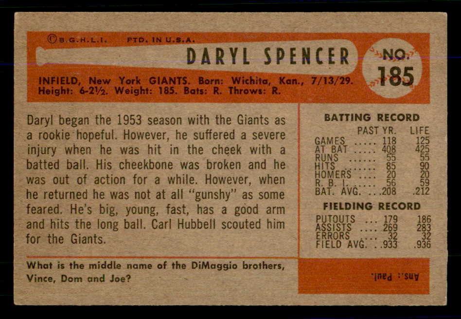 1954 Bowman Baseball #185 Daryl Spencer Giants EX-MT 559043